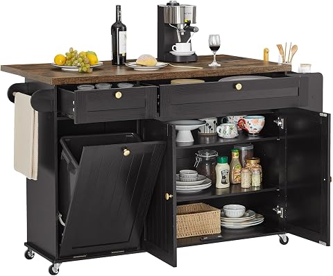 60" Kitchen Island with Trash Can Storage, Rolling Island Table