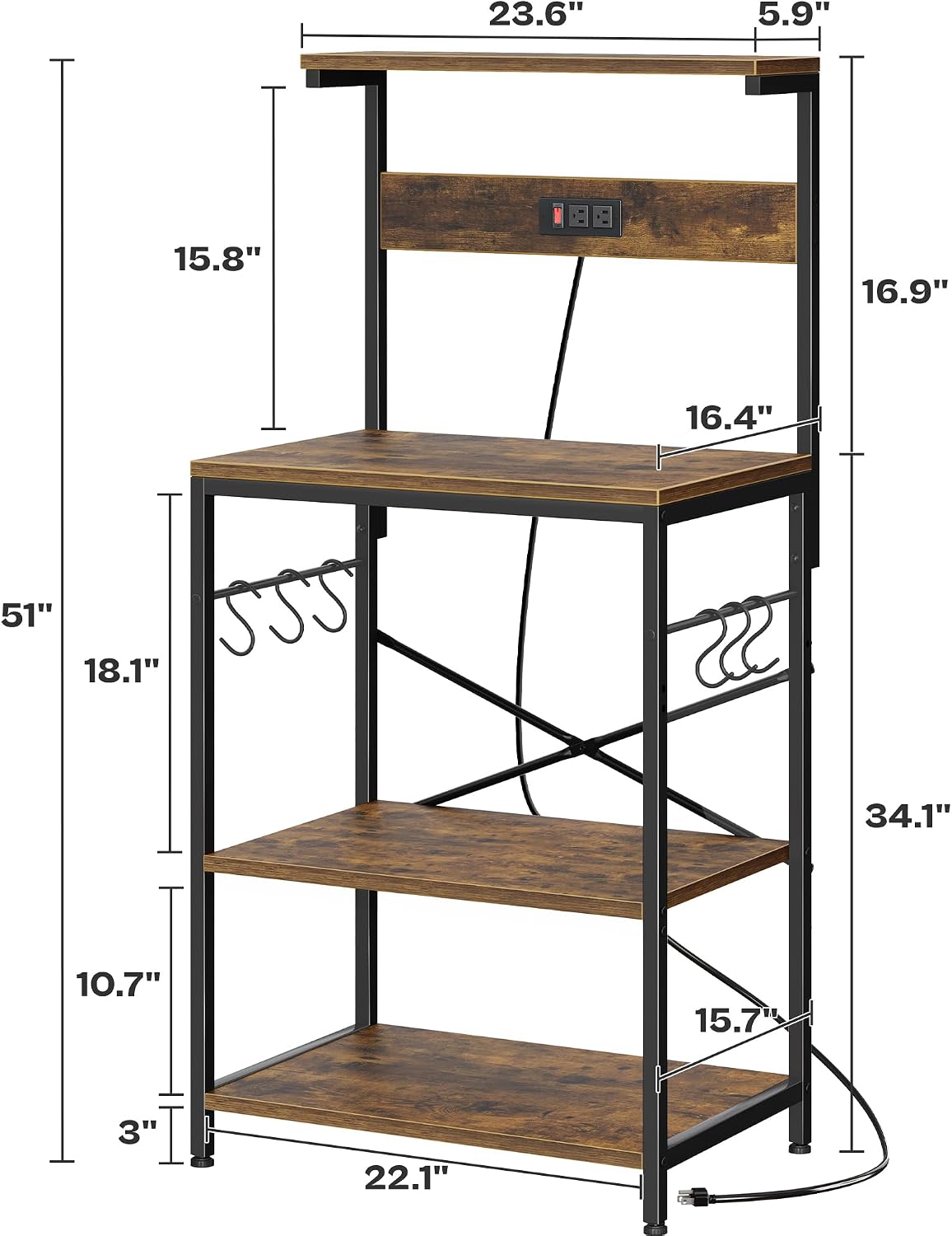 SUPERJARE 4-Tier Kitchen Bakers Rack with Power Outlet and 6 Hooks, Coffee Bar Microwave Stand, Rustic Brown