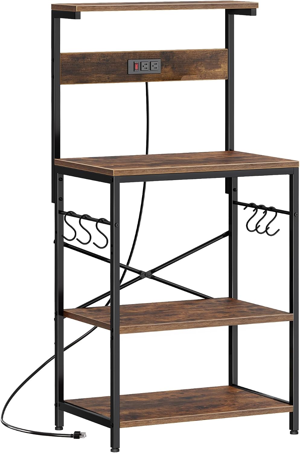 SUPERJARE 4-Tier Kitchen Bakers Rack with Power Outlet and 6 Hooks, Coffee Bar Microwave Stand, Rustic Brown