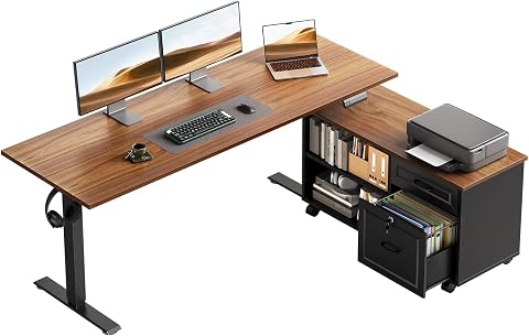 55" L Shaped Electric Standing Desk with Cabinet Sets, Walnut/Black