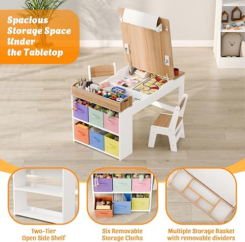 Kids Art Table and Chair Set with 2 Chair & Bins, 44" L x 24" W, Natural