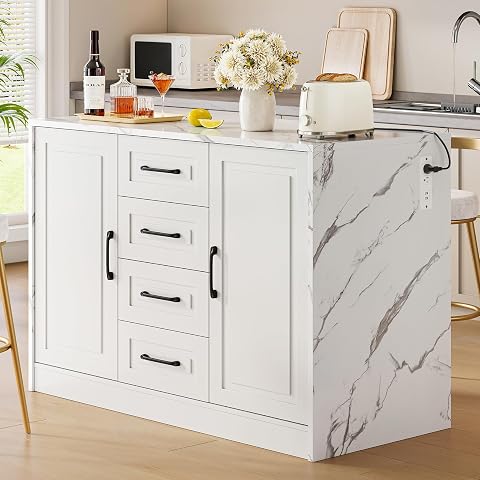 Kitchen Island with 2 Storage Cabinets & 4 Drawers, White