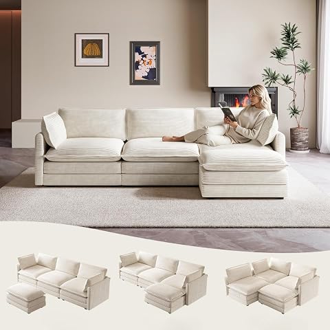 ROWHY 104'' Modular Sectional Cloud Couch with Movable Ottoman, Beige