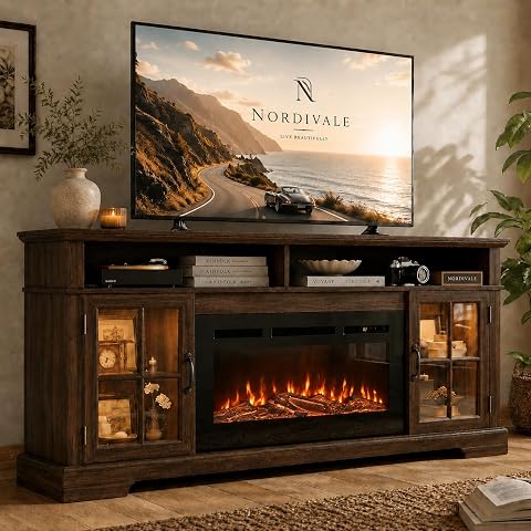 70" Farmhouse Fireplace TV Stand for TVs up to 80", with 36" Electric Fireplace, Brown