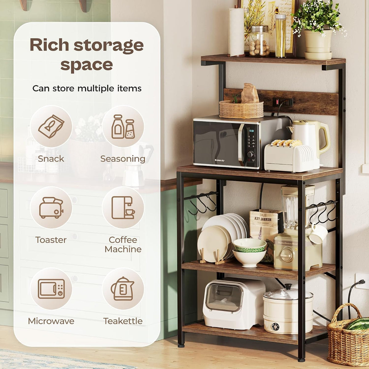 SUPERJARE 4-Tier Kitchen Bakers Rack with Power Outlet and 6 Hooks, Coffee Bar Microwave Stand, Rustic Brown