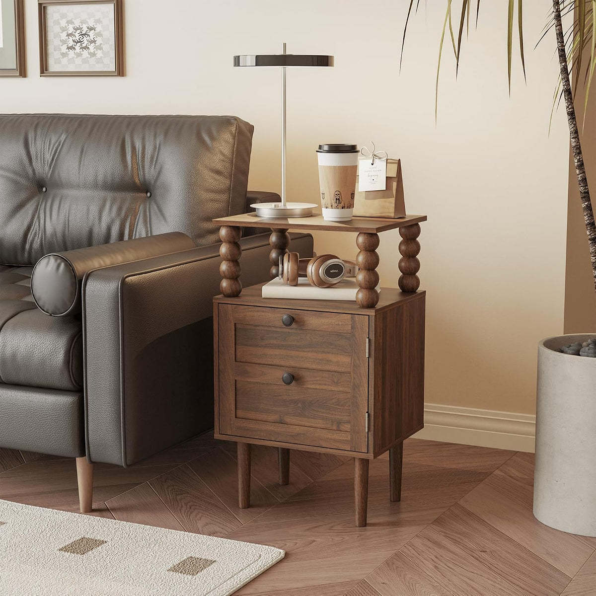 Veegle Retro Vintage Nightstand with 1 Drawer, Bedside Table, Dark Walnut