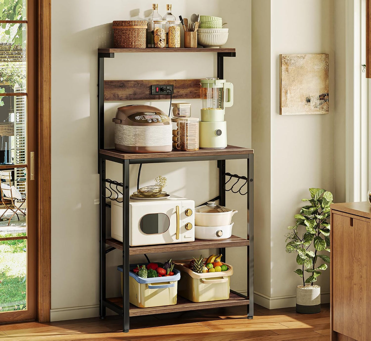 SUPERJARE 4-Tier Kitchen Bakers Rack with Power Outlet and 6 Hooks, Coffee Bar Microwave Stand, Rustic Brown