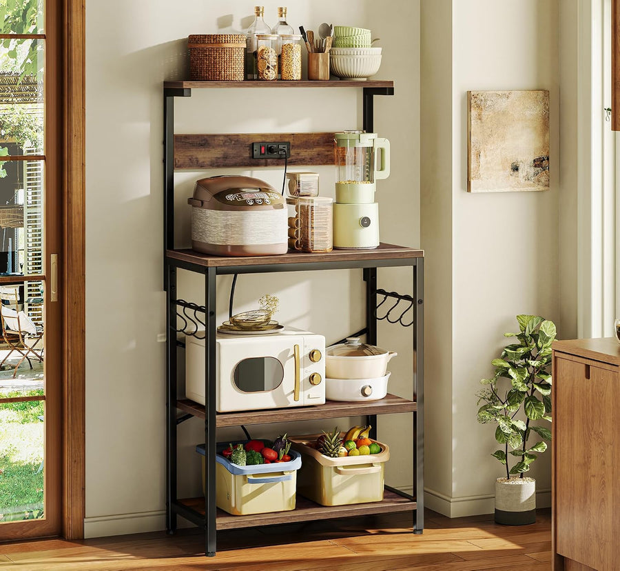 SUPERJARE 4-Tier Kitchen Bakers Rack with Power Outlet and 6 Hooks, Coffee Bar Microwave Stand, Rustic Brown