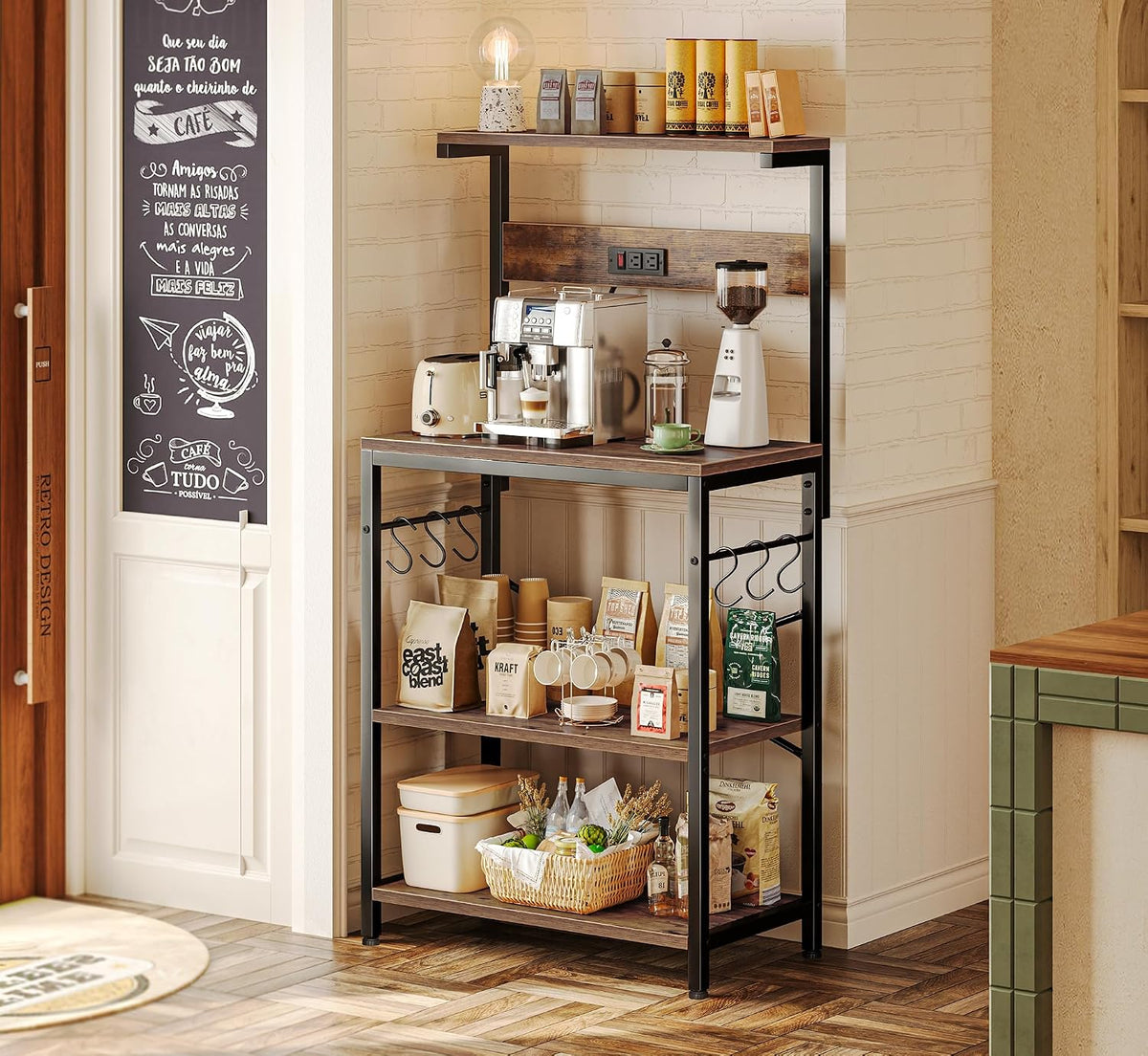 SUPERJARE 4-Tier Kitchen Bakers Rack with Power Outlet and 6 Hooks, Coffee Bar Microwave Stand, Rustic Brown