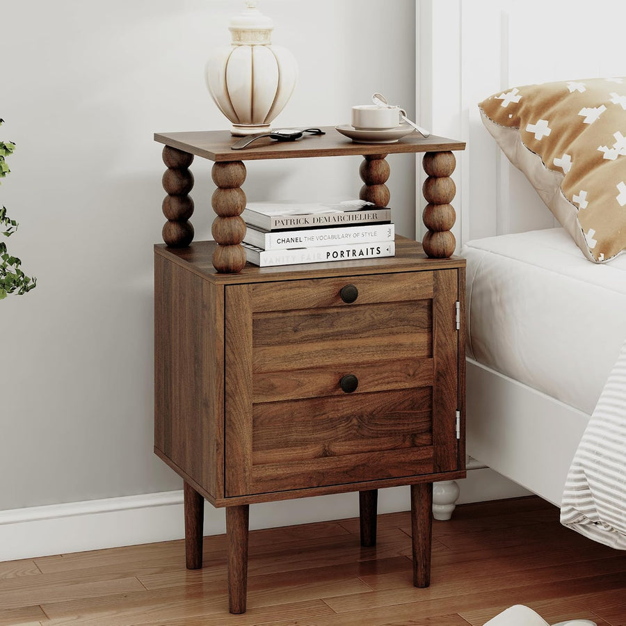 Veegle Retro Vintage Nightstand with 1 Drawer, Bedside Table, Dark Walnut
