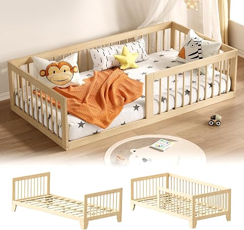 Montessori Toddler Bed, Variable Twin Floor Bed Frame with Removable Guardrails