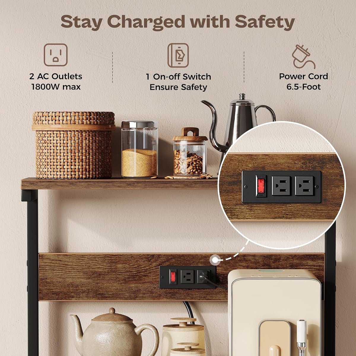 SUPERJARE 4-Tier Kitchen Bakers Rack with Power Outlet and 6 Hooks, Coffee Bar Microwave Stand, Rustic Brown