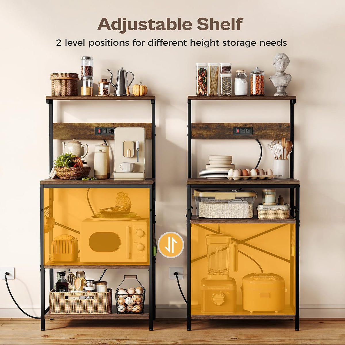 SUPERJARE 4-Tier Kitchen Bakers Rack with Power Outlet and 6 Hooks, Coffee Bar Microwave Stand, Rustic Brown
