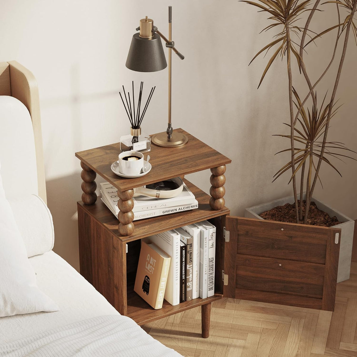 Veegle Retro Vintage Nightstand with 1 Drawer, Bedside Table, Dark Walnut