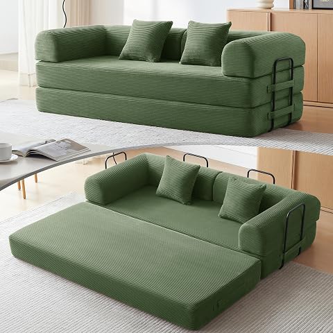 79" Convertible Futon Sofa Bed, Boneless Couch for Living Room (Green)