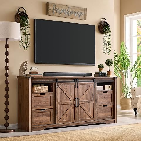 Farmhouse 66" TV Stand for 75+ Inch TV, With 4 Drawers & Sliding Barn Door